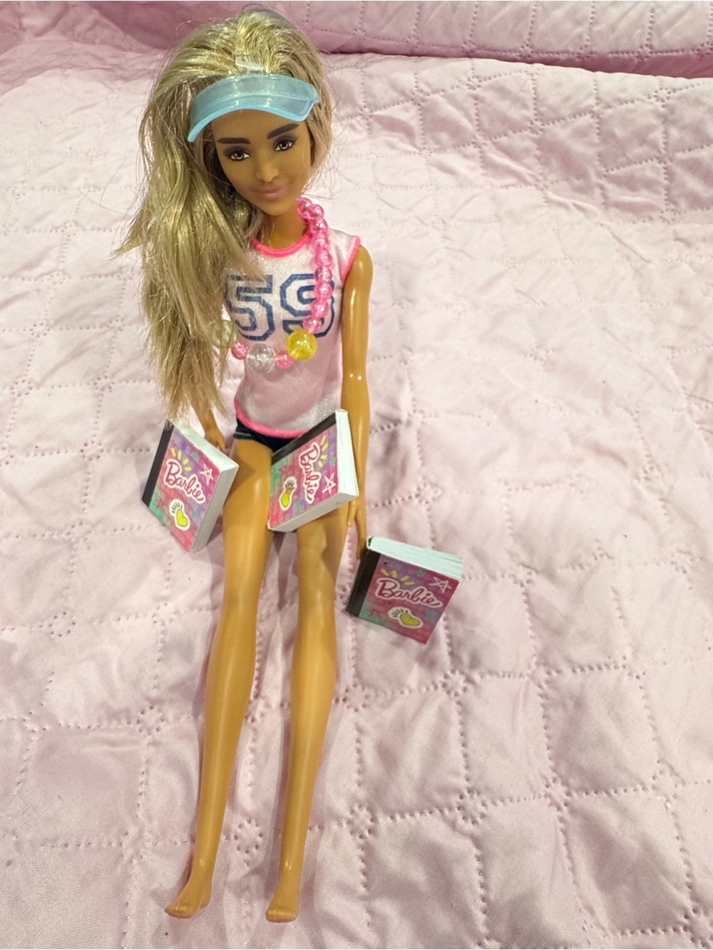 Barbie Blonde Doll with Pink Top, Blue Visor & Pink Bead Necklace